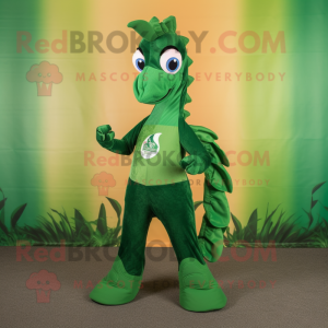 Forest Green Sea Horse mascot costume character dressed with a Capri Pants and Cummerbunds