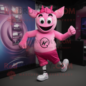 Pink Demon mascot costume character dressed with a Running Shorts and Caps