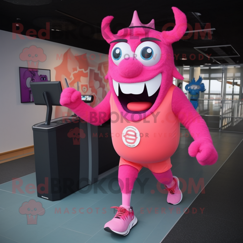 Pink Demon mascot costume character dressed with a Running Shorts and Caps Pink Demon mascot costume character dressed with a Running Shorts and Caps