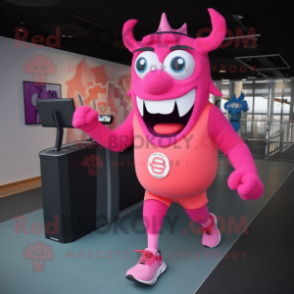 Pink Demon mascot costume character dressed with a Running Shorts and Caps