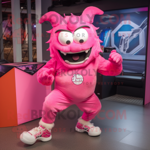 Pink Demon mascot costume character dressed with a Running Shorts and Caps