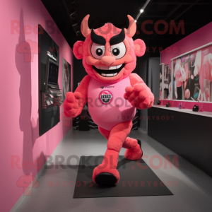 Pink Demon mascot costume character dressed with a Running Shorts and Caps