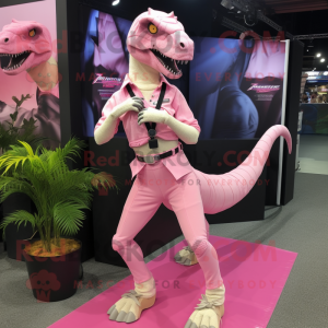 Pink Velociraptor mascot costume character dressed with a Mini Skirt and Belts