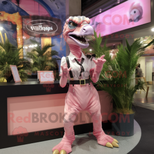 Pink Velociraptor mascot costume character dressed with a Mini Skirt and Belts