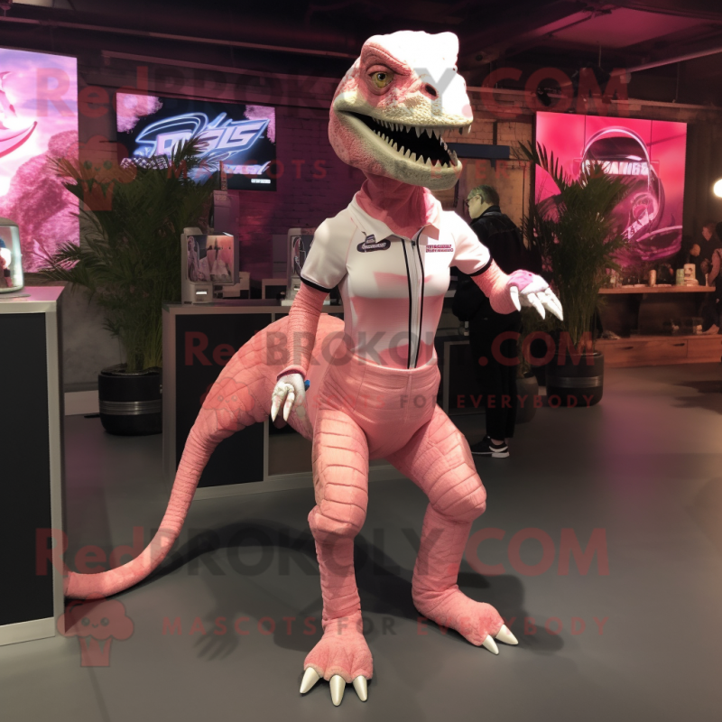 Pink Velociraptor mascot costume character dressed with a Mini Skirt and Belts Pink Velociraptor mascot costume character dressed with a Mini Skirt and Belts