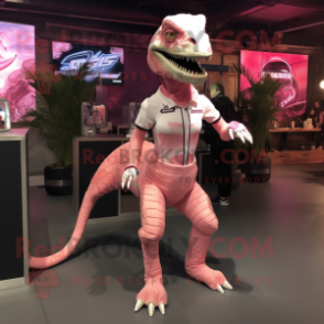 Pink Velociraptor mascot costume character dressed with a Mini Skirt and Belts