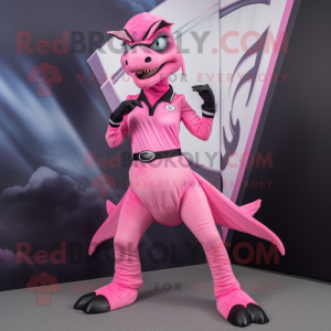 Pink Velociraptor mascot costume character dressed with a Mini Skirt and Belts