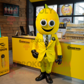 Lemon Yellow Guinness mascot costume character dressed with a Blazer and Keychains