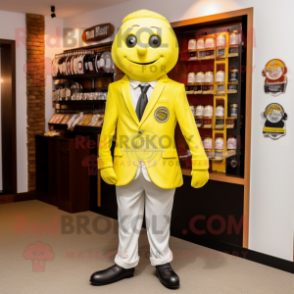 Lemon Yellow Guinness mascot costume character dressed with a Blazer and Keychains