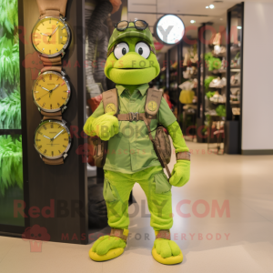 Lime Green Wrist Watch mascot costume character dressed with a Cargo Shorts and Wallets