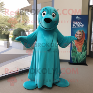 Teal Stellar'S Sea Cow mascot costume character dressed with a A-Line Dress and Gloves