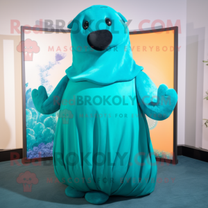 Teal Stellar'S Sea Cow mascot costume character dressed with a A-Line Dress and Gloves