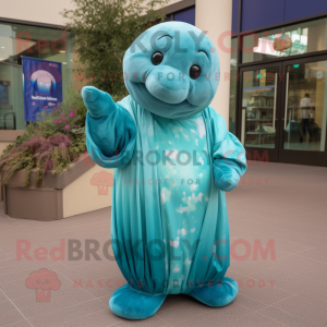 Teal Stellar'S Sea Cow mascot costume character dressed with a A-Line Dress and Gloves