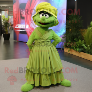 Lime Green Green Beret mascot costume character dressed with a Maxi Skirt and Cummerbunds