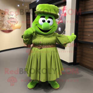 Lime Green Green Beret mascot costume character dressed with a Maxi Skirt and Cummerbunds