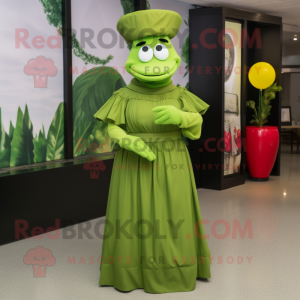 Lime Green Green Beret mascot costume character dressed with a Maxi Skirt and Cummerbunds