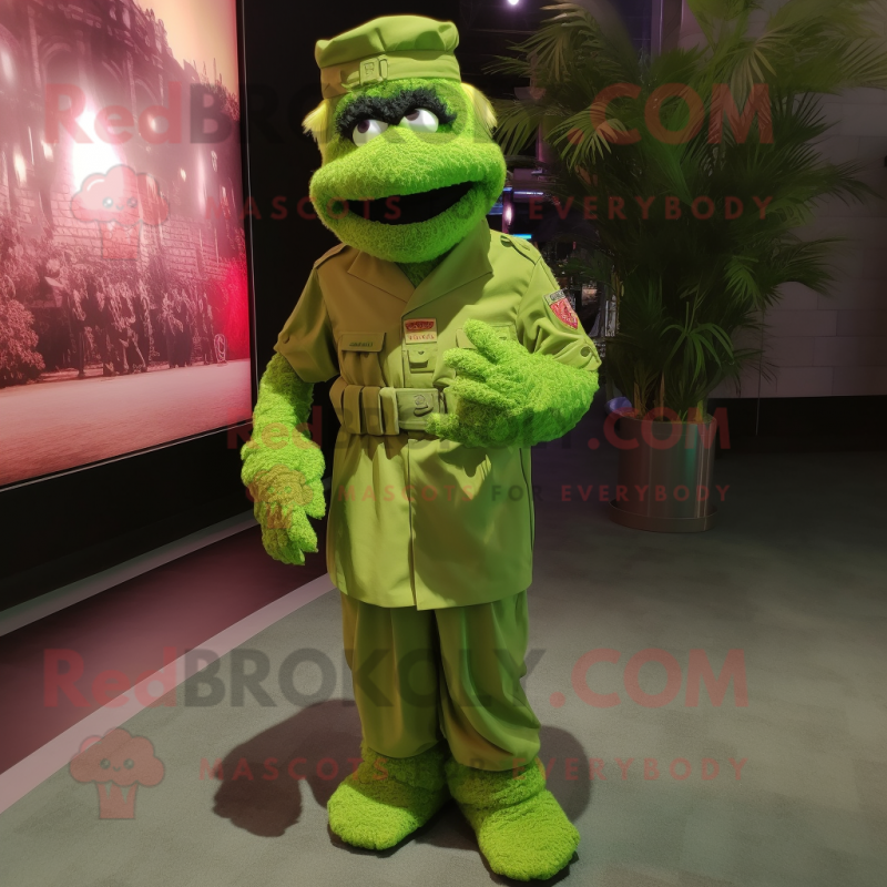 Lime Green Green Beret mascot costume character dressed with a Maxi Skirt and Cummerbunds