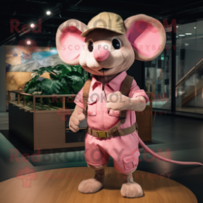 Pink Mouse mascot costume character dressed with a Cargo Shorts and Caps