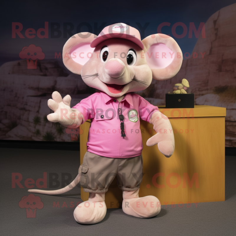 Pink Mouse mascot costume character dressed with a Cargo Shorts and Caps Pink Mouse mascot costume character dressed with a Cargo Shorts and Caps