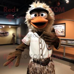 Brown Ostrich mascot costume character dressed with a Baseball Tee and Wraps