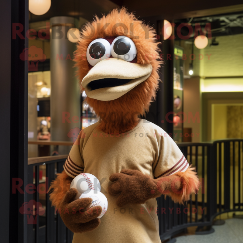 Brown Ostrich mascot costume character dressed with a Baseball Tee and Wraps