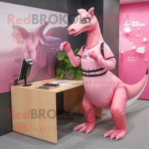 Pink Parasaurolophus mascot costume character dressed with a Pencil Skirt and Belts