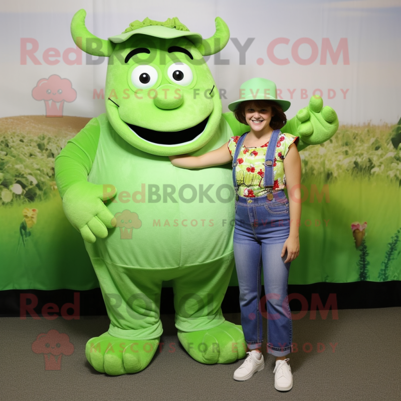 Lime Green Beef Stroganoff mascot costume character dressed with a Mom Jeans and Bracelets Lime Green Beef Stroganoff mascot costume character dressed with a Mom Jeans and Bracelets