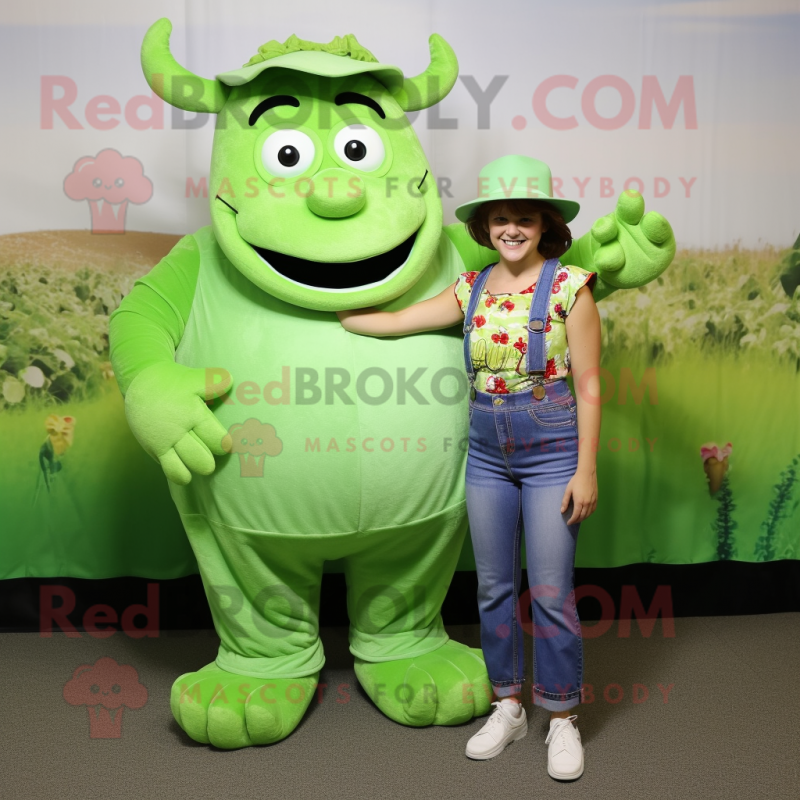 Lime Green Beef Stroganoff mascot costume character dressed with a Mom Jeans and Bracelets