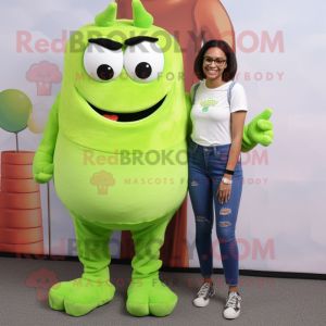 Lime Green Beef Stroganoff mascot costume character dressed with a Mom Jeans and Bracelets