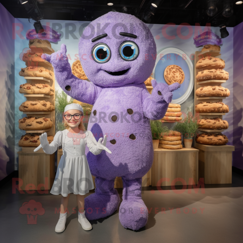 Lavender Bagels mascot costume character dressed with a Romper and Earrings Lavender Bagels mascot costume character dressed with a Romper and Earrings