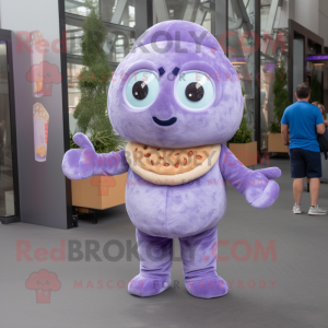 Lavender Bagels mascot costume character dressed with a Romper and Earrings