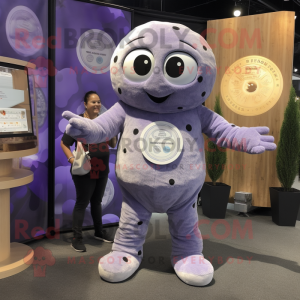 Lavender Bagels mascot costume character dressed with a Romper and Earrings