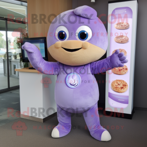 Lavender Bagels mascot costume character dressed with a Romper and Earrings