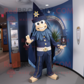 Navy Wizard mascot costume character dressed with a Suit Pants and Keychains