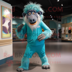 Cyan Baboon mascot costume character dressed with a Leggings and Headbands