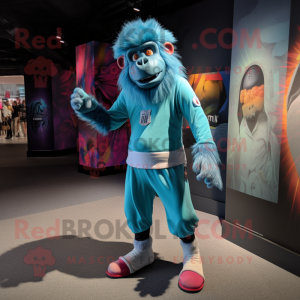 Cyan Baboon mascot costume character dressed with a Leggings and Headbands