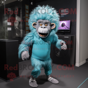 Cyan Baboon mascot costume character dressed with a Leggings and Headbands