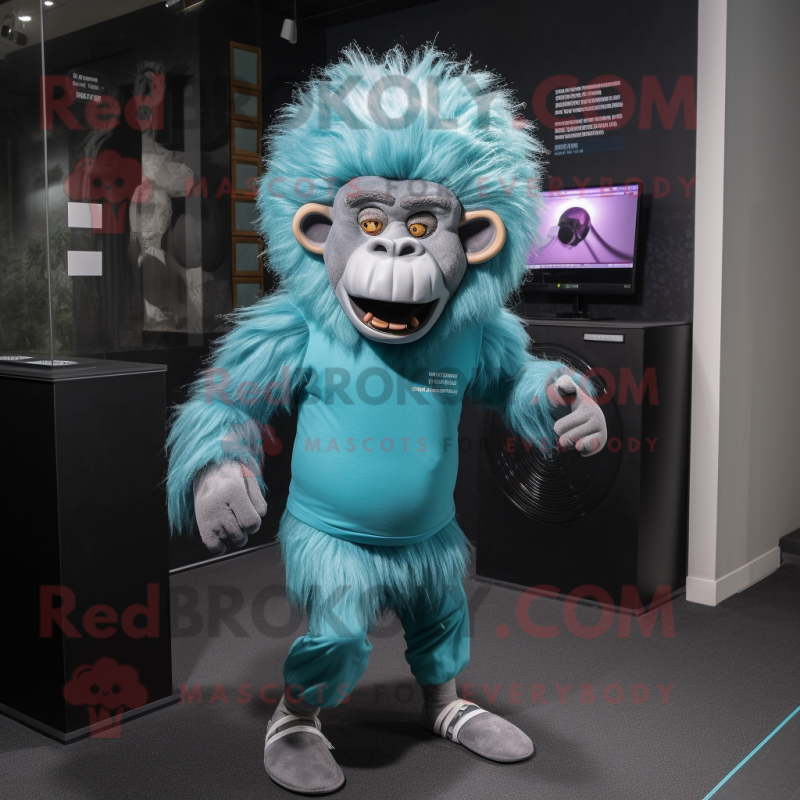 Cyan Baboon mascot costume character dressed with a Leggings and Headbands
