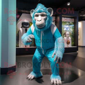 Cyan Baboon mascot costume character dressed with a Leggings and Headbands