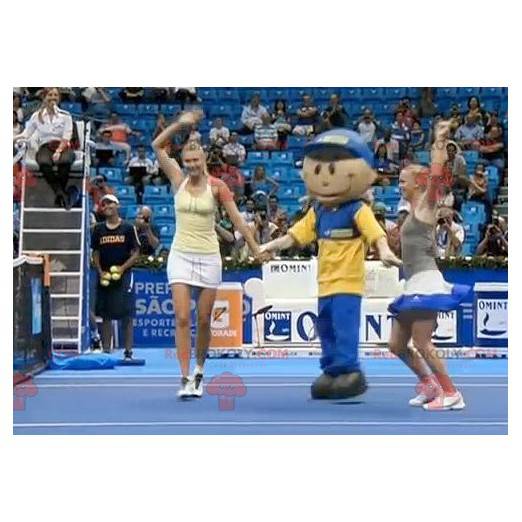 Mascotte del ragazzo dell'operaio in vestito blu e giallo -