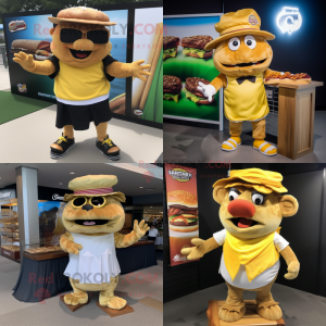 Gold Pulled Pork Sandwich mascot costume character dressed with Board Shorts and Berets