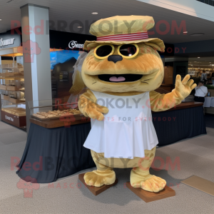 Gold Pulled Pork Sandwich mascot costume character dressed with Board Shorts and Berets