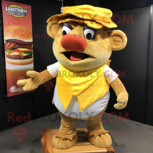 Gold Pulled Pork Sandwich mascot costume character dressed with Board Shorts and Berets