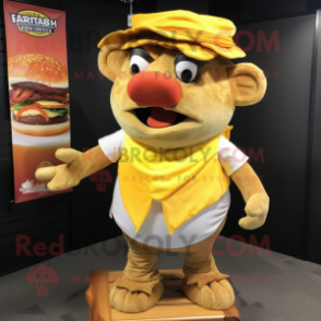 Gold Pulled Pork Sandwich mascot costume character dressed with Board Shorts and Berets
