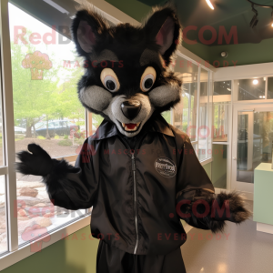 Black chupacabra mascot costume character dressed with Windbreaker and Tie pins