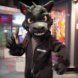 Black chupacabra mascot costume character dressed with Windbreaker and Tie pins