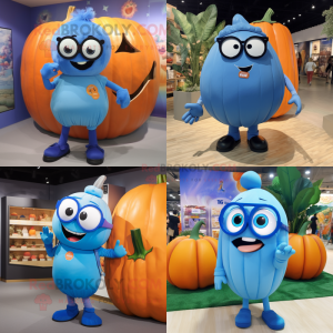 Blue Pumpkin mascot costume character dressed with Shorts and Eyeglasses