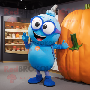 Blue Pumpkin mascot costume character dressed with Shorts and Eyeglasses