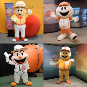 Peach ring master mascot costume character dressed with Baseball Tee and Clutch bags
