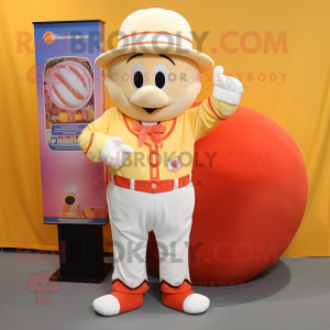 Peach ring master mascot costume character dressed with Baseball Tee and Clutch bags